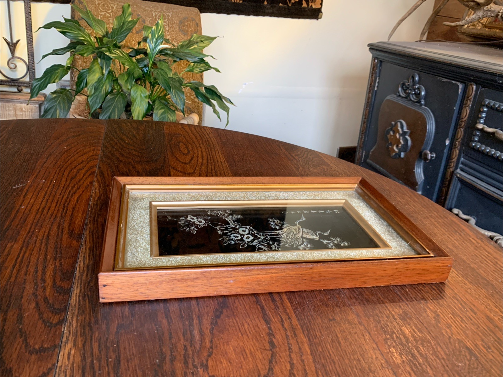 Vtg Asian Crane Birds Mother of Pearl & Abalone Shell Art Wood Framed 14.5”x8.75