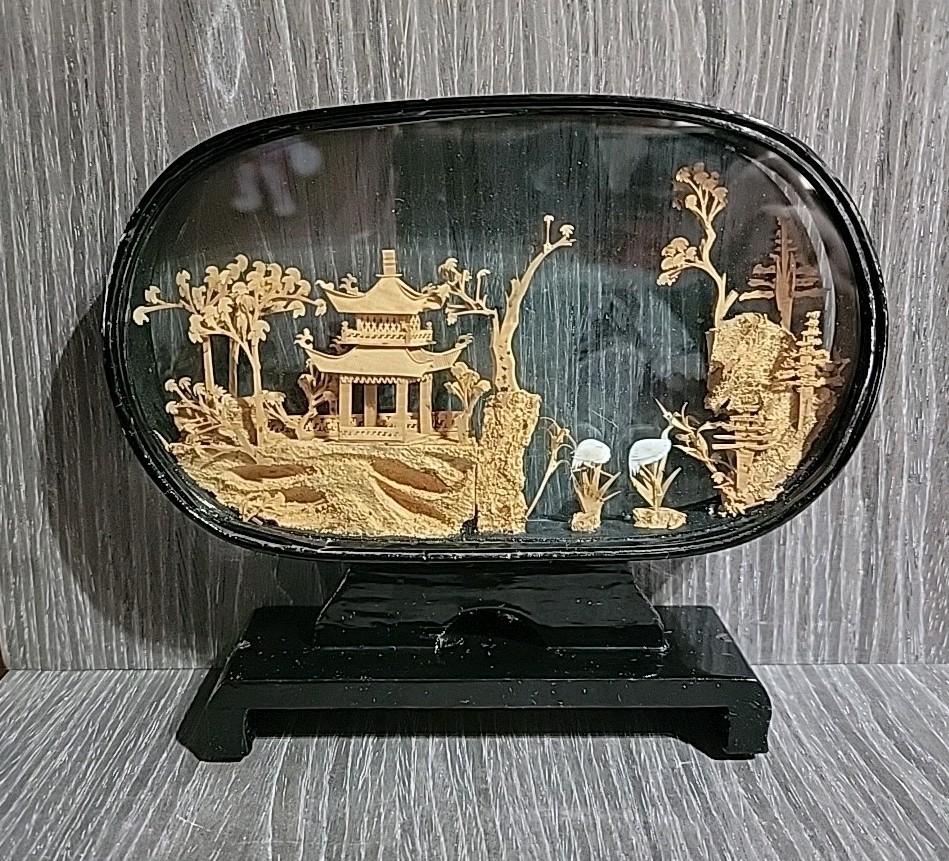 Vintage Chinese Diorama Cork Carving Glass Case Pagoda/Trees/Cranes 8″x6.5″x2″