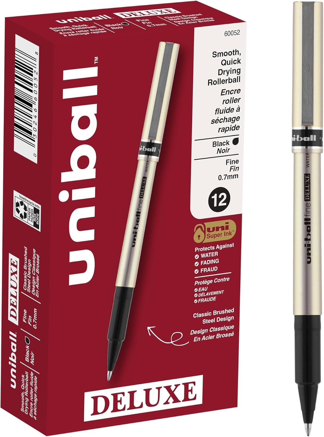 uniball Deluxe Roller Ball Pen, Stick, Fine 0.7 12 Count (Pack of 1), Black