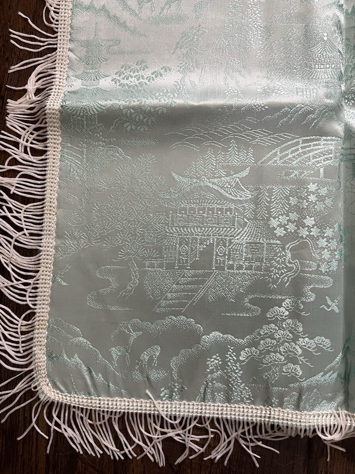 Vtg BROCADED Silky Ice Blue Tablecloth Cover Reversible China Fringe 50×60” MCM