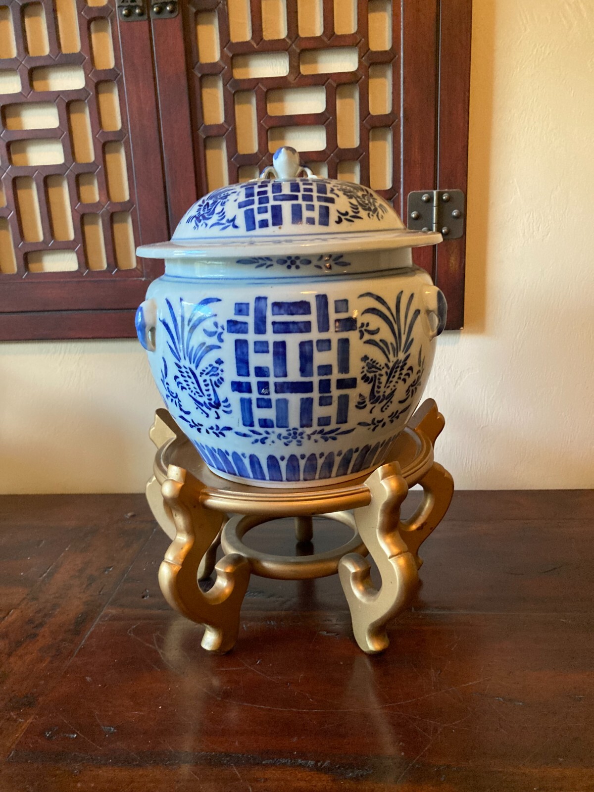 5 leg Asia China Gold STAND PEDESTAL DISPLAY~For 8″ diam pot~12 wide X 6.5 tall