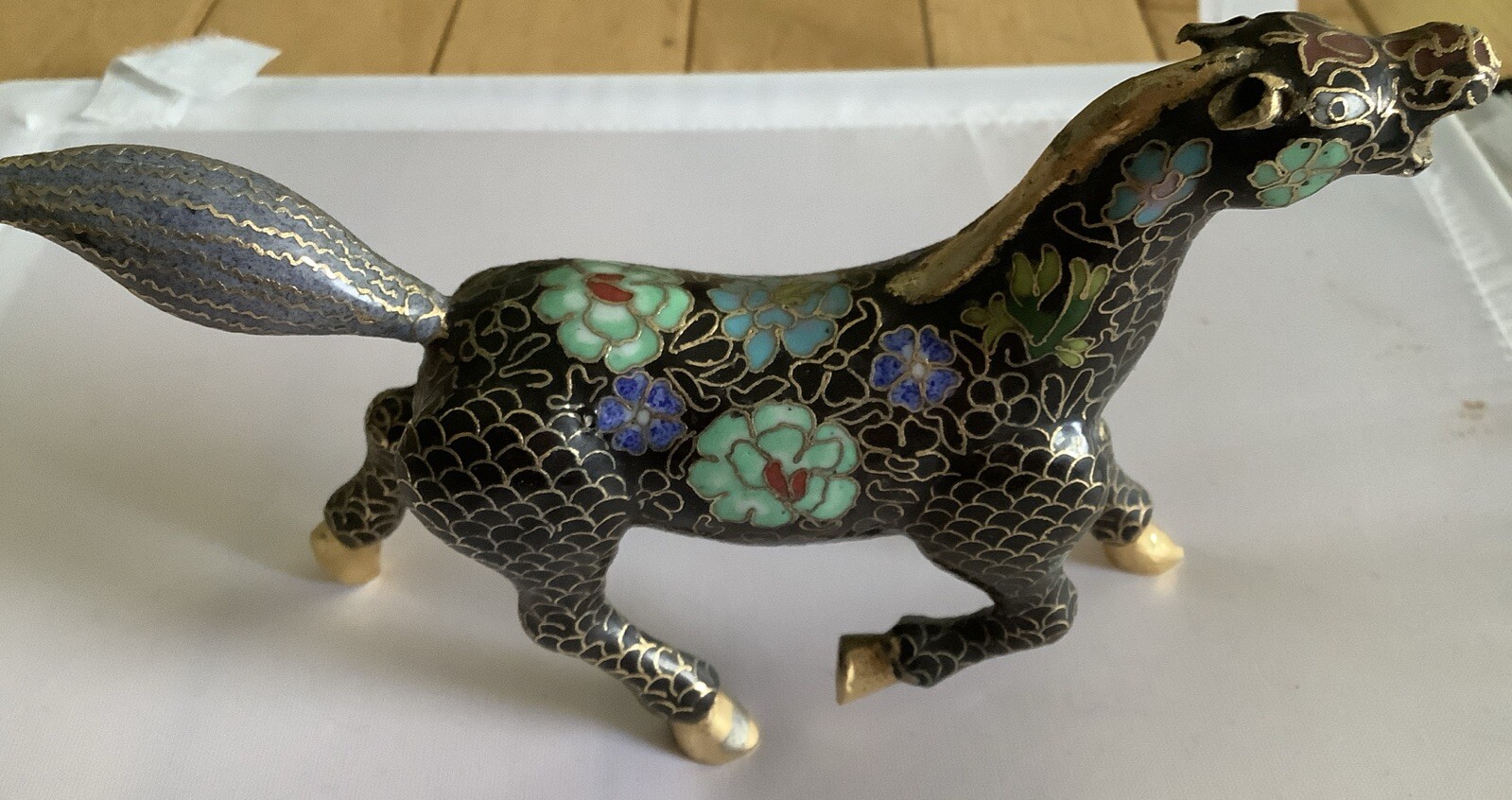 Chinese Cloisonné Small Horse Black w Blue & Green Flowers 6”