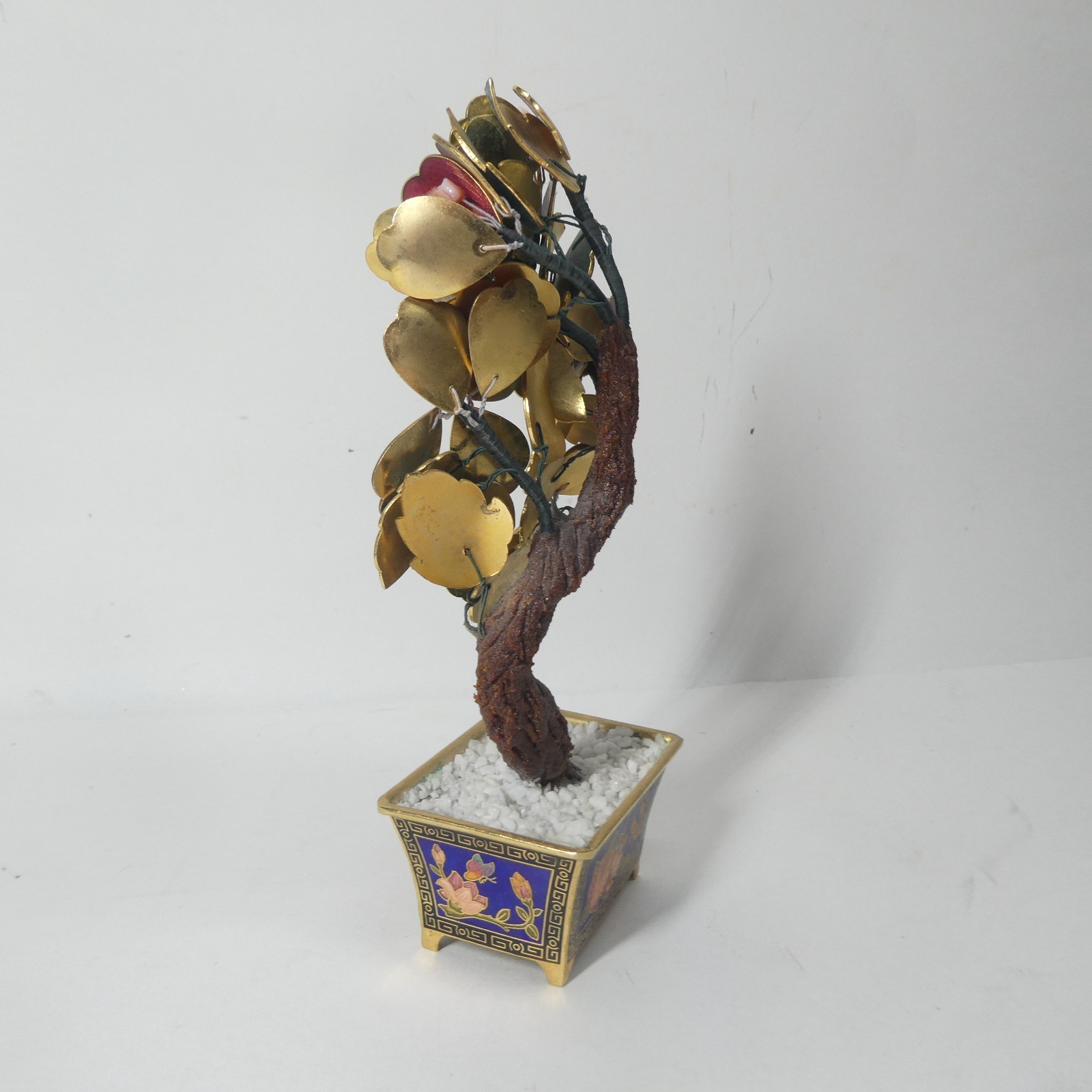 Cloisonne Enamel Brass Bonsai Tree w/ Pot Colorful Flowers 8″ Vintage