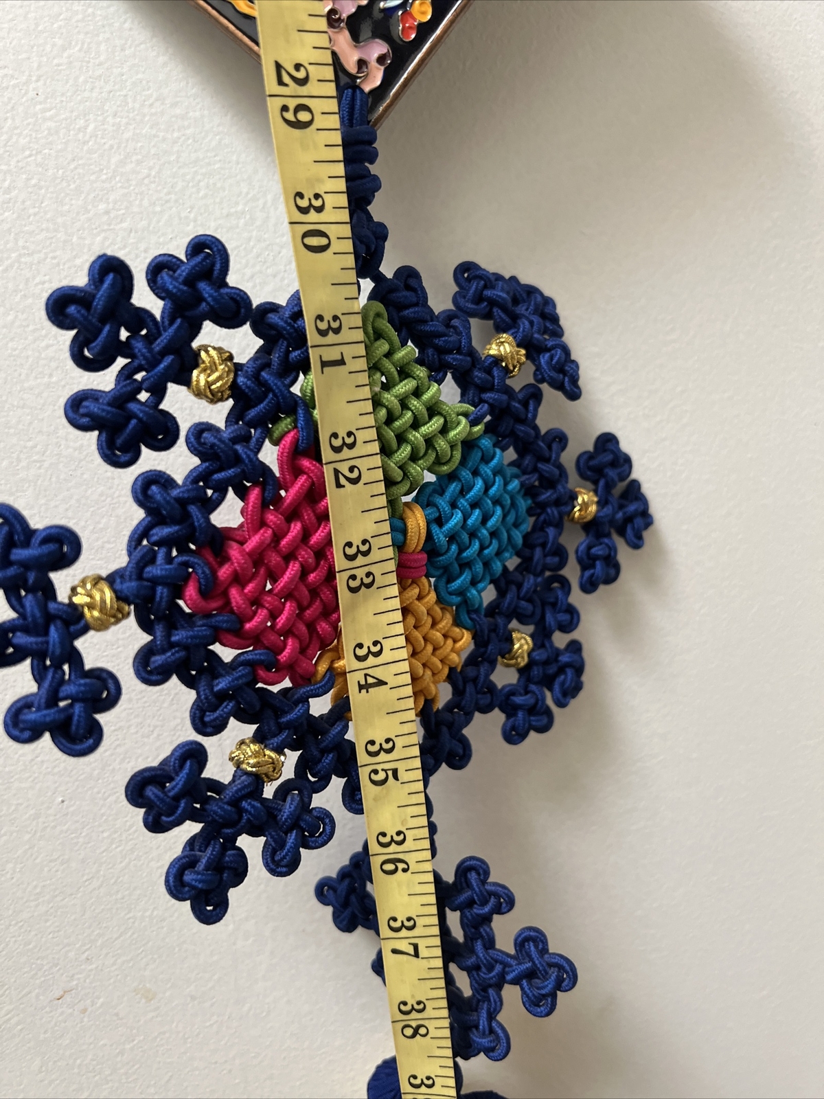 Vintage Chinese Long Enamel Cloisonne Multi Colored Knotted Tassel Wall Hanging