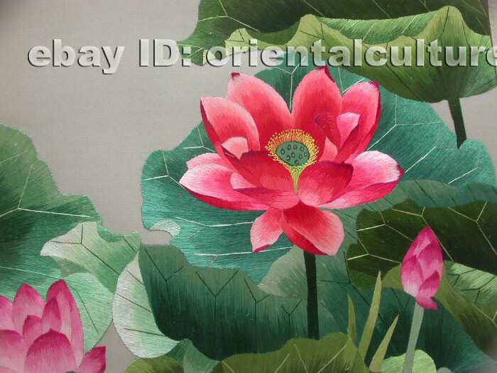 Chinese 100%hand embroidered silk brocade mounted suzhou embroidery:Lotus flower