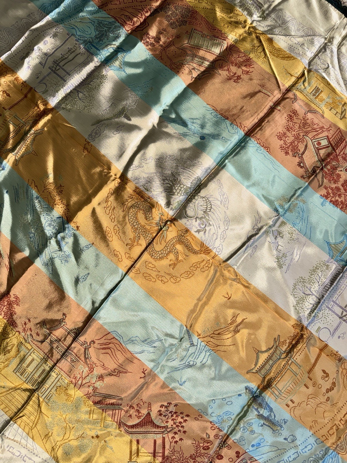 VTG Hangzhou Chinese Silk Brocade Piano Scarf Dragon Phoenix Tablecloth 48”