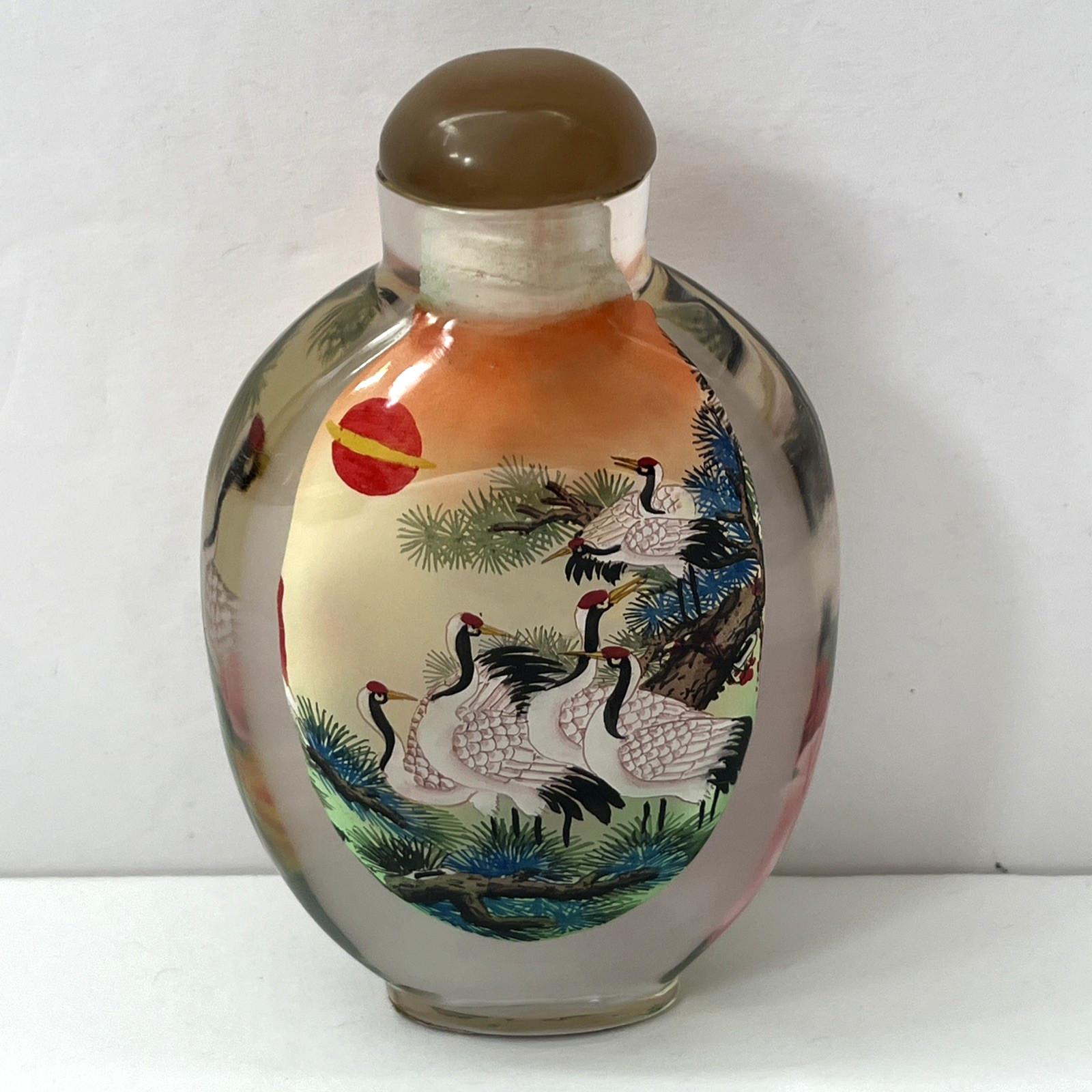 Vintage Chinese Reverse Painted Glass Snuff Bottle Crane Peony Pine Tree