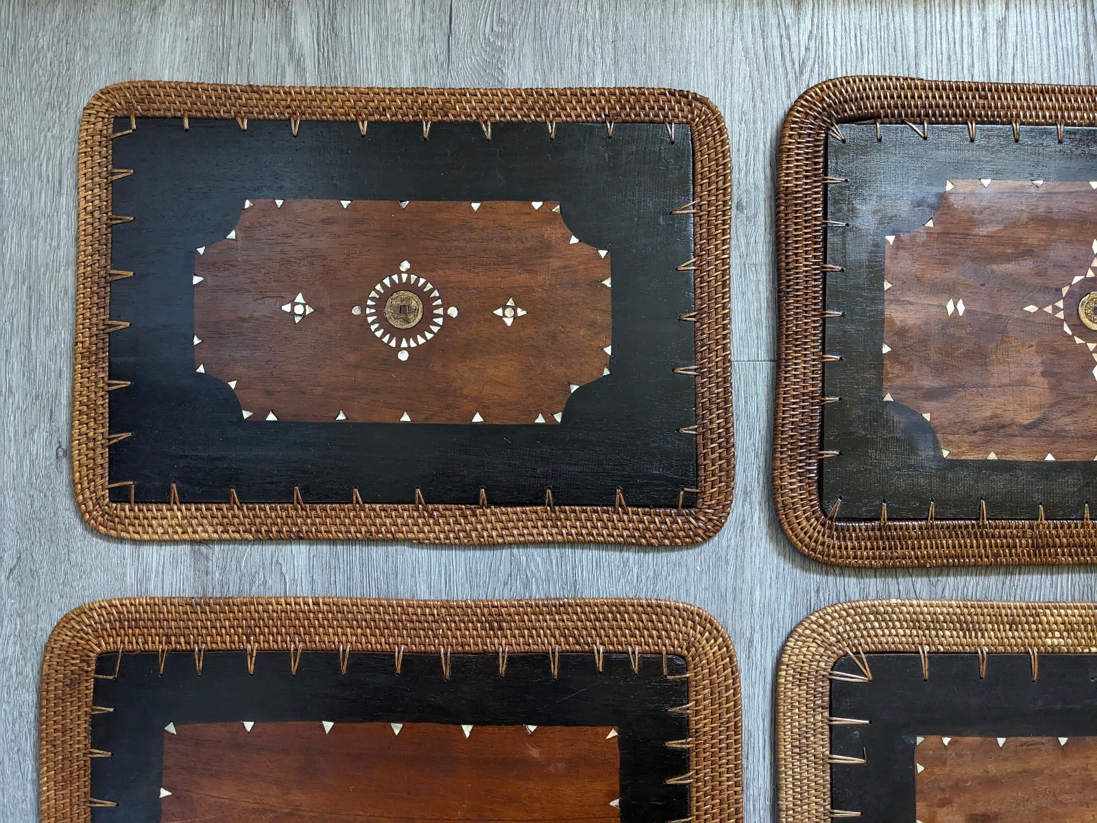 Vintage Mid Century Rattan Wood Placemats Shell Inlay Chinese Coin Boho Set of 8