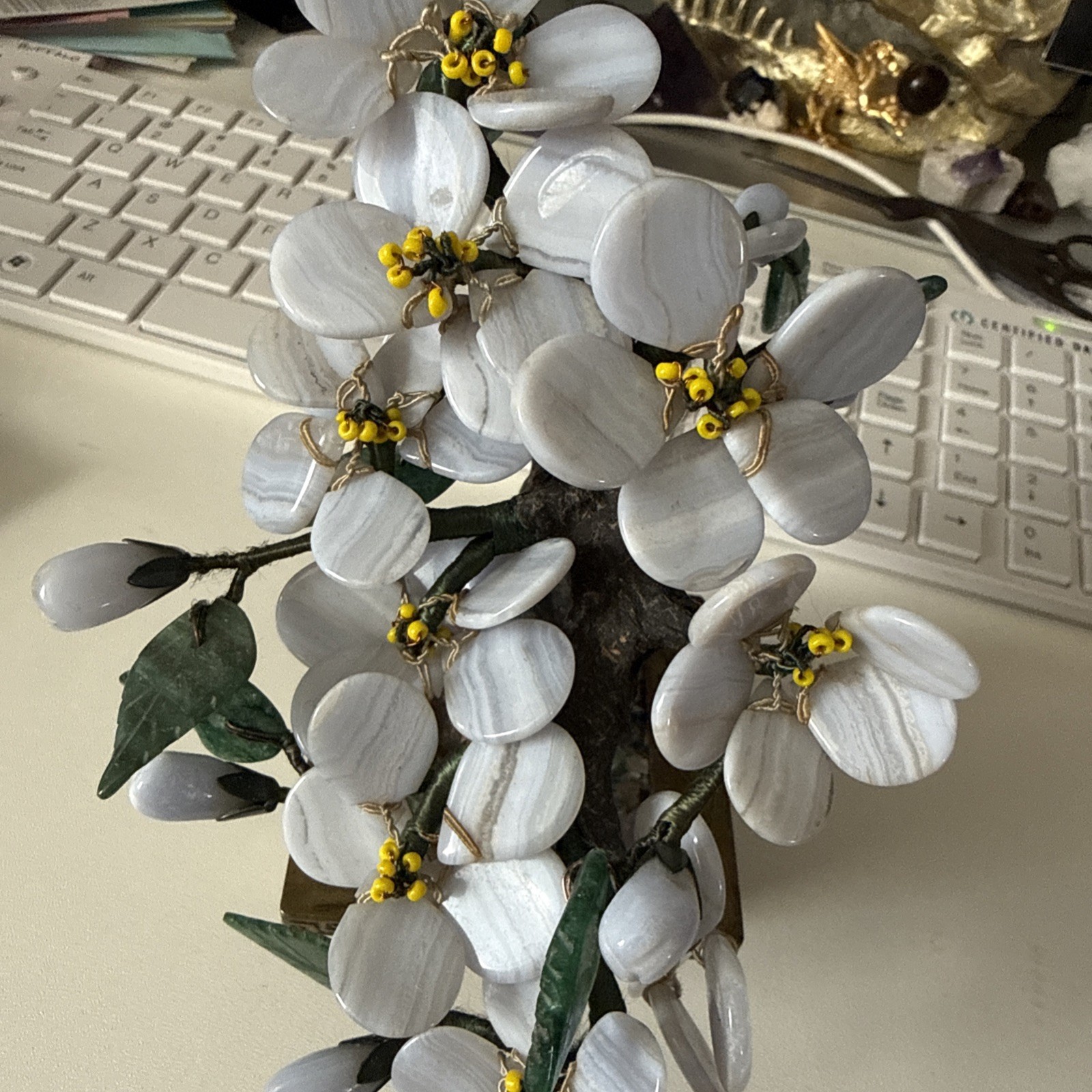 Blue Lace Agate 1950’s Vintage Stone Flower Tree With Brass Pot