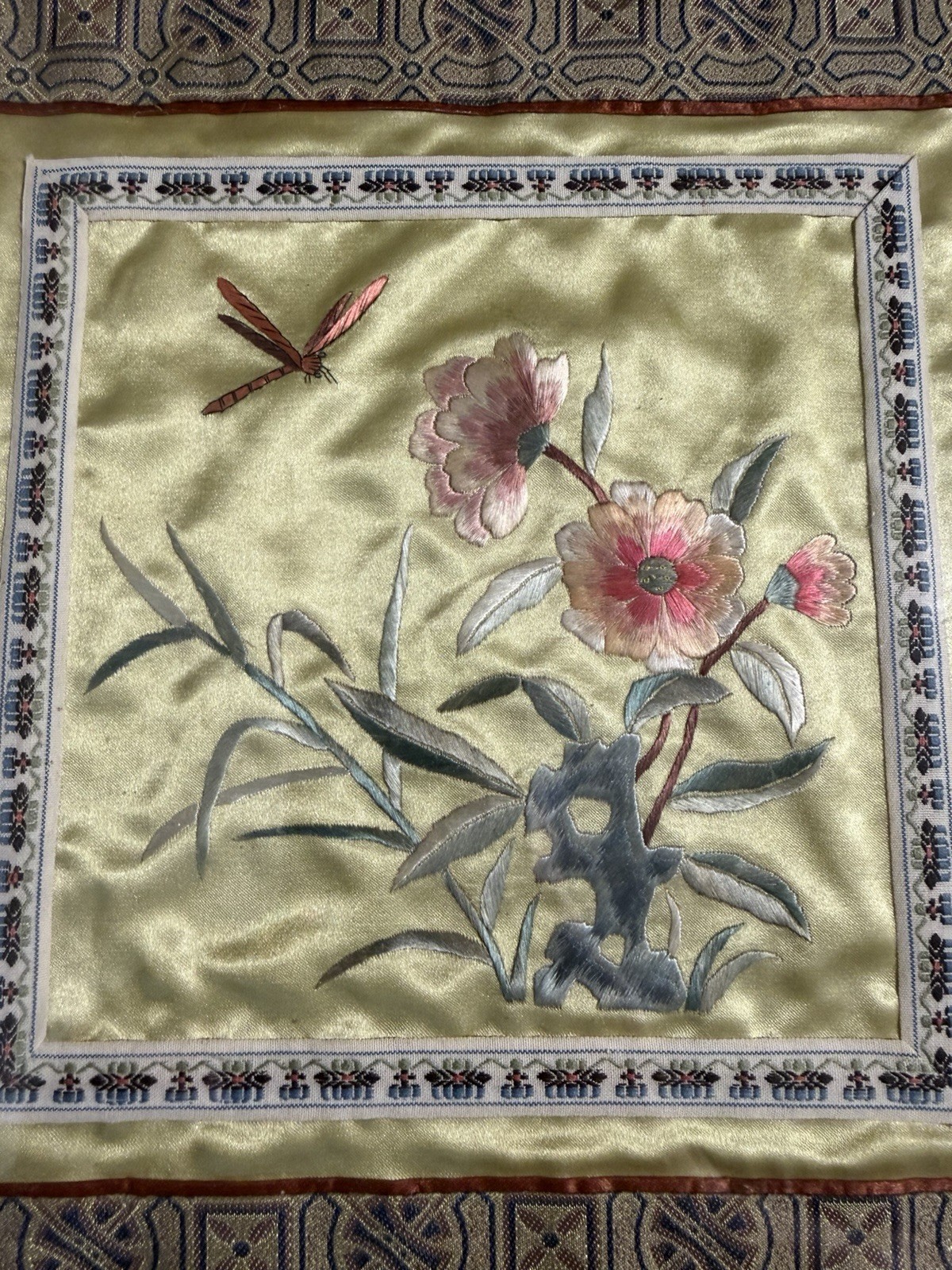Vintage Bamboo Style Framed Chinese Silk Embroidered Panel Floral Art 12″