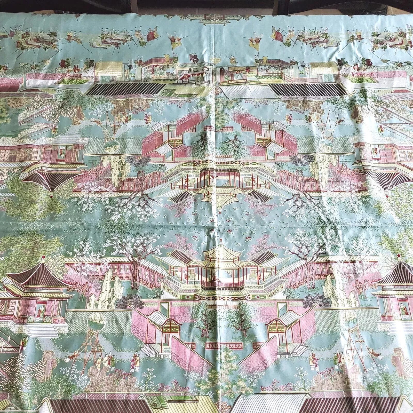 Vintage Gorgeous “Brocaded Flowers” Chinese Silk Tapestry Tablecloth 80″x54″