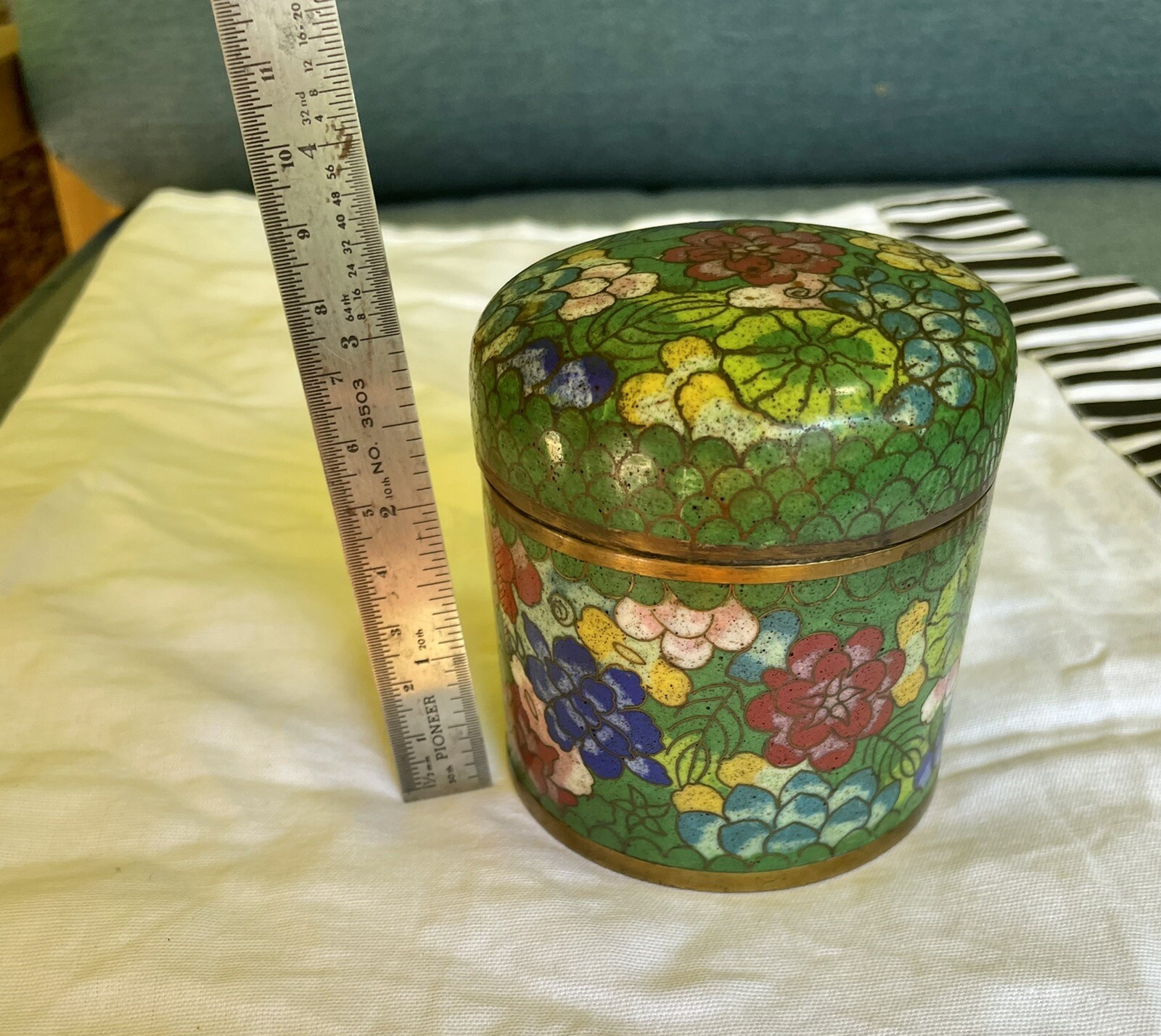 Late 1800’s Chinese Cloisonne Enamel Metal Tea Caddy W Lid