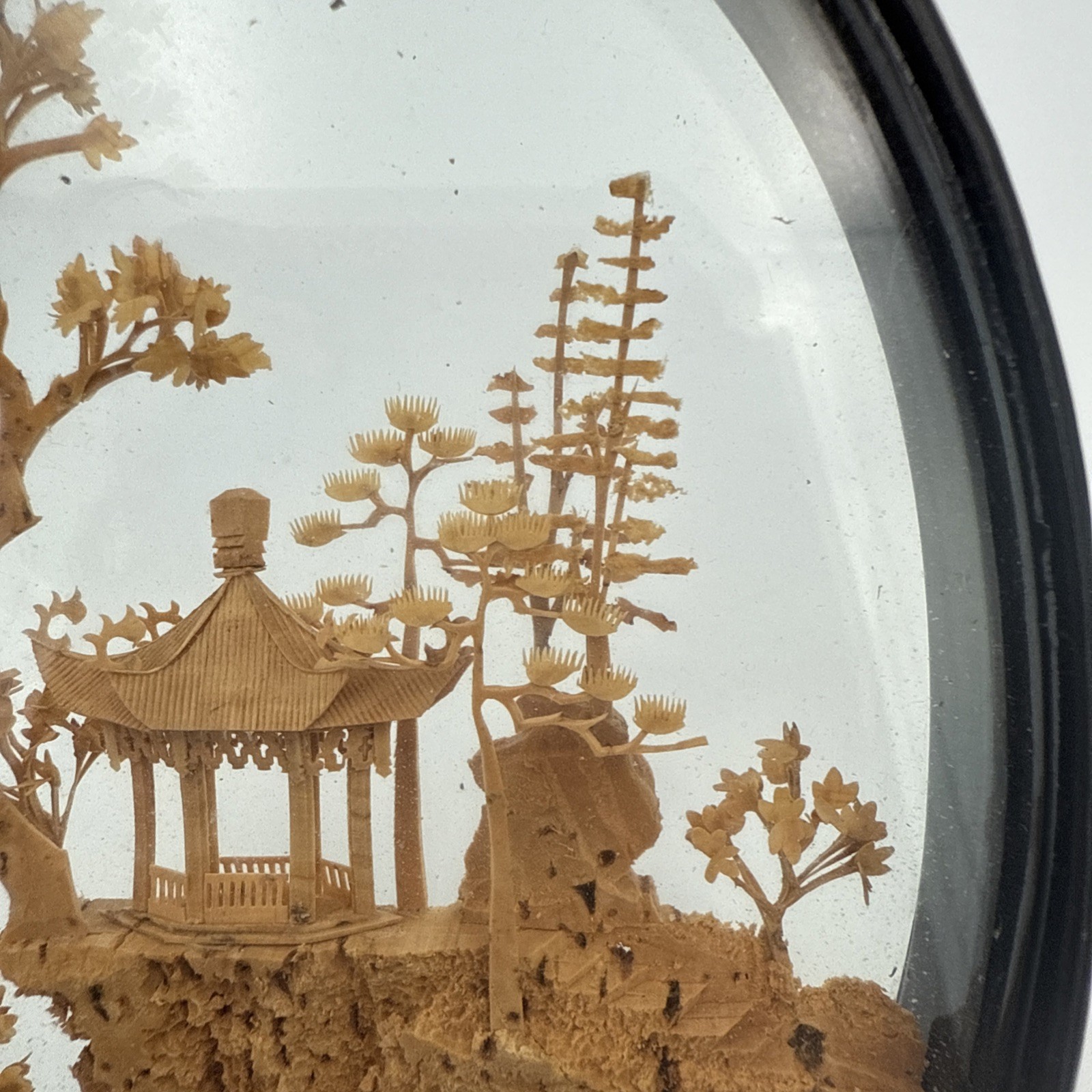 Vintage Chinese Diorama Cork Carving Glass Case Pagoda/Trees/Cranes 8”