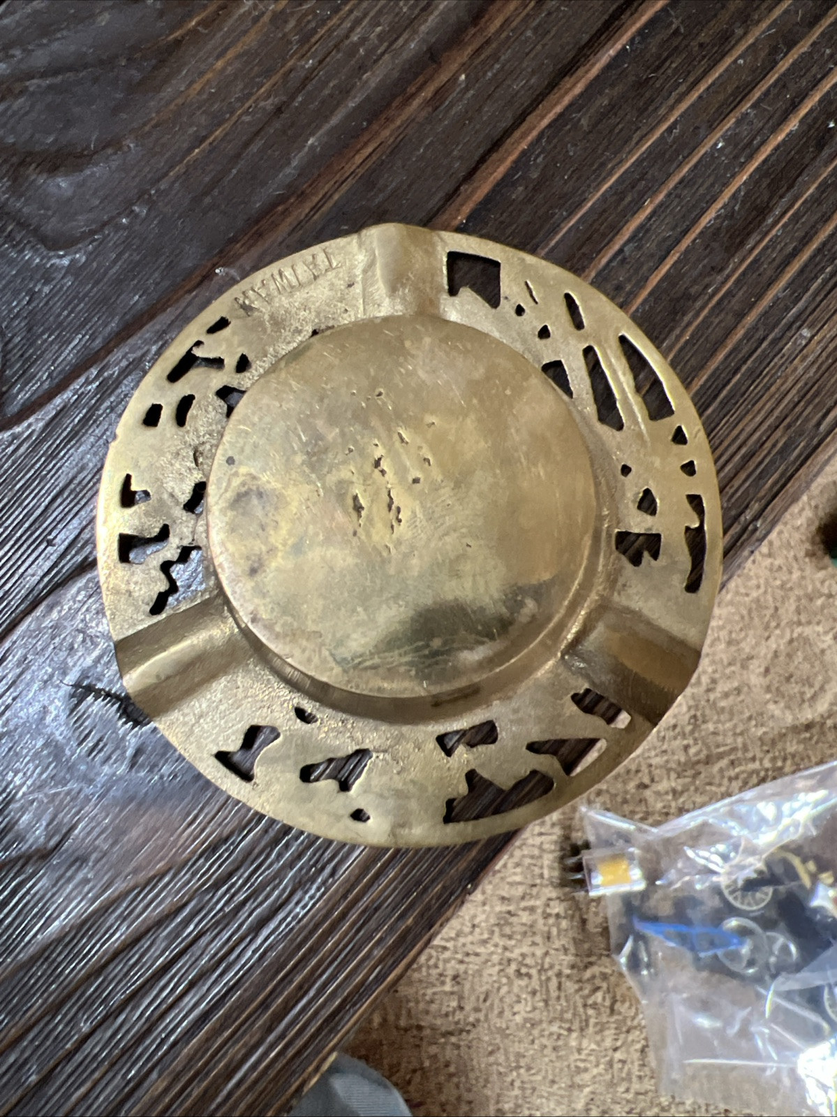 Vintage Chinese Brass Red Enamel Ashtray, Bamboo Floral Design 3.25″ Taiwan