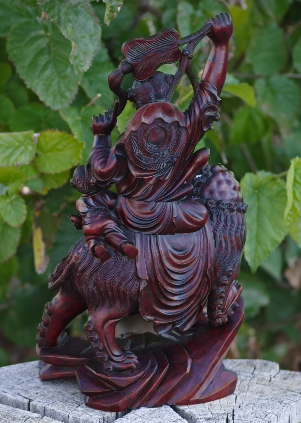 Boxwood Hand Carved Buddha Riding Foo Dog Large 16″ China 1950s MAGNIFICENT ART!