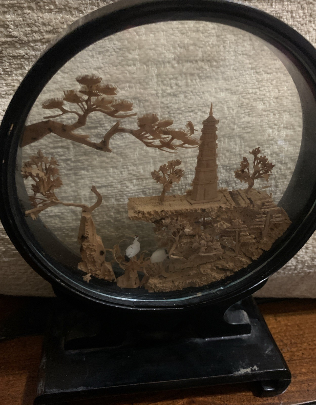 Vintage Chinese San You Cork Art Hand Carved Diorama Pagoda Cranes Trees-READ