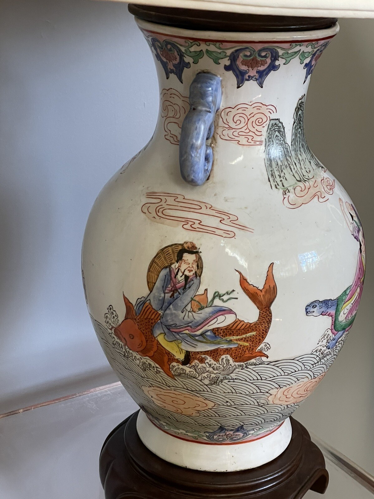 Large Vintage Chinese Porcelain Famille Rose Style Lamp Immortals Hand Painted