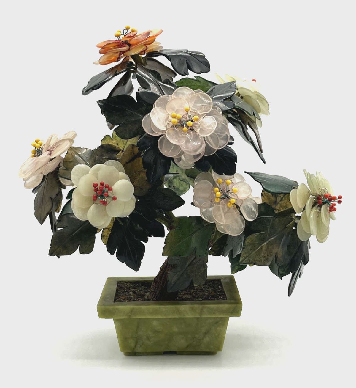 Vintage MCM Chinese Carved Gemstone Bonsai Tree Jade, Carnelian, Rose Quartz 11″