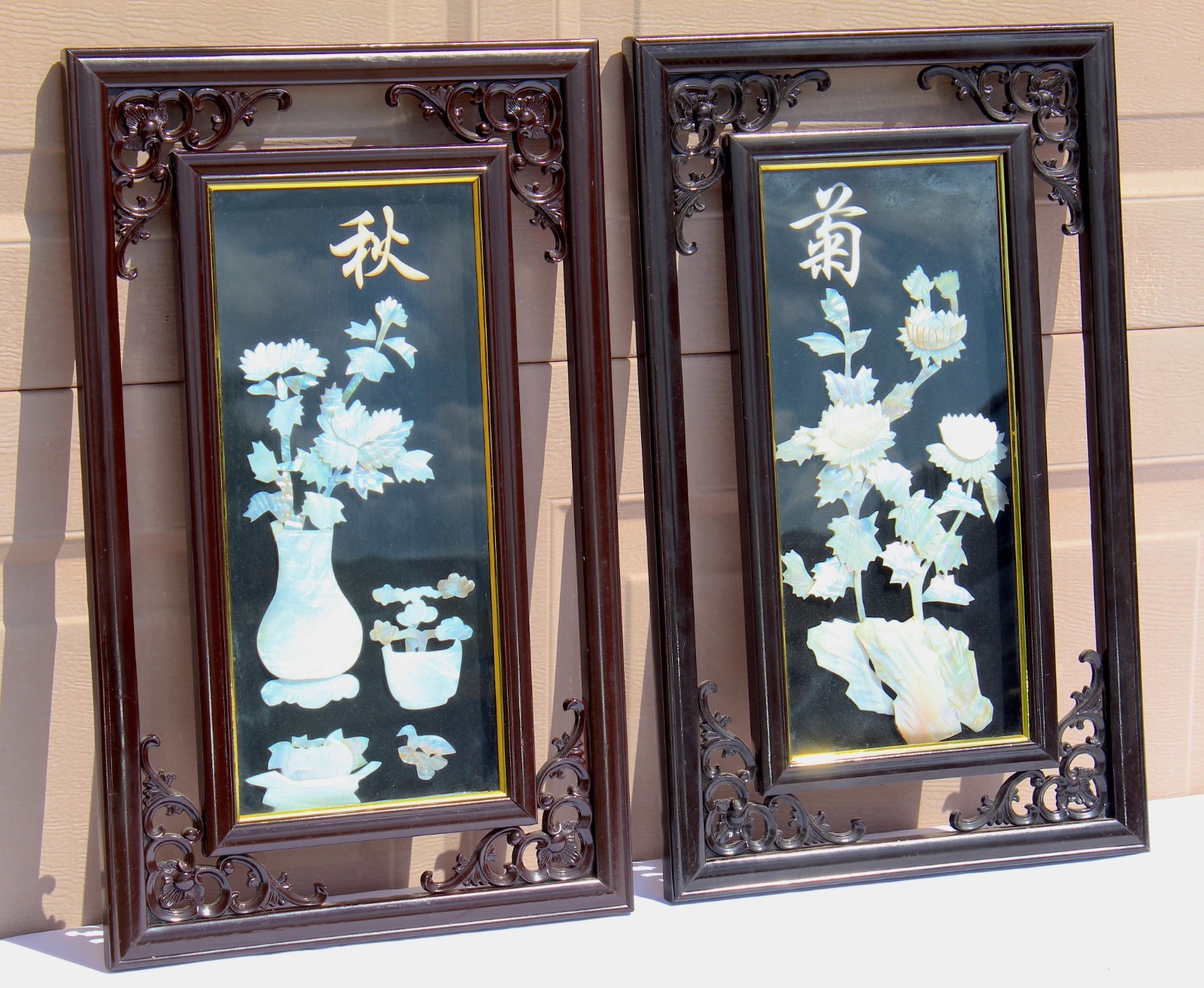 Vintage Chinese Mother-of-Pearl Inlay Chrysanthemum Wall Panels – Ornate Carved