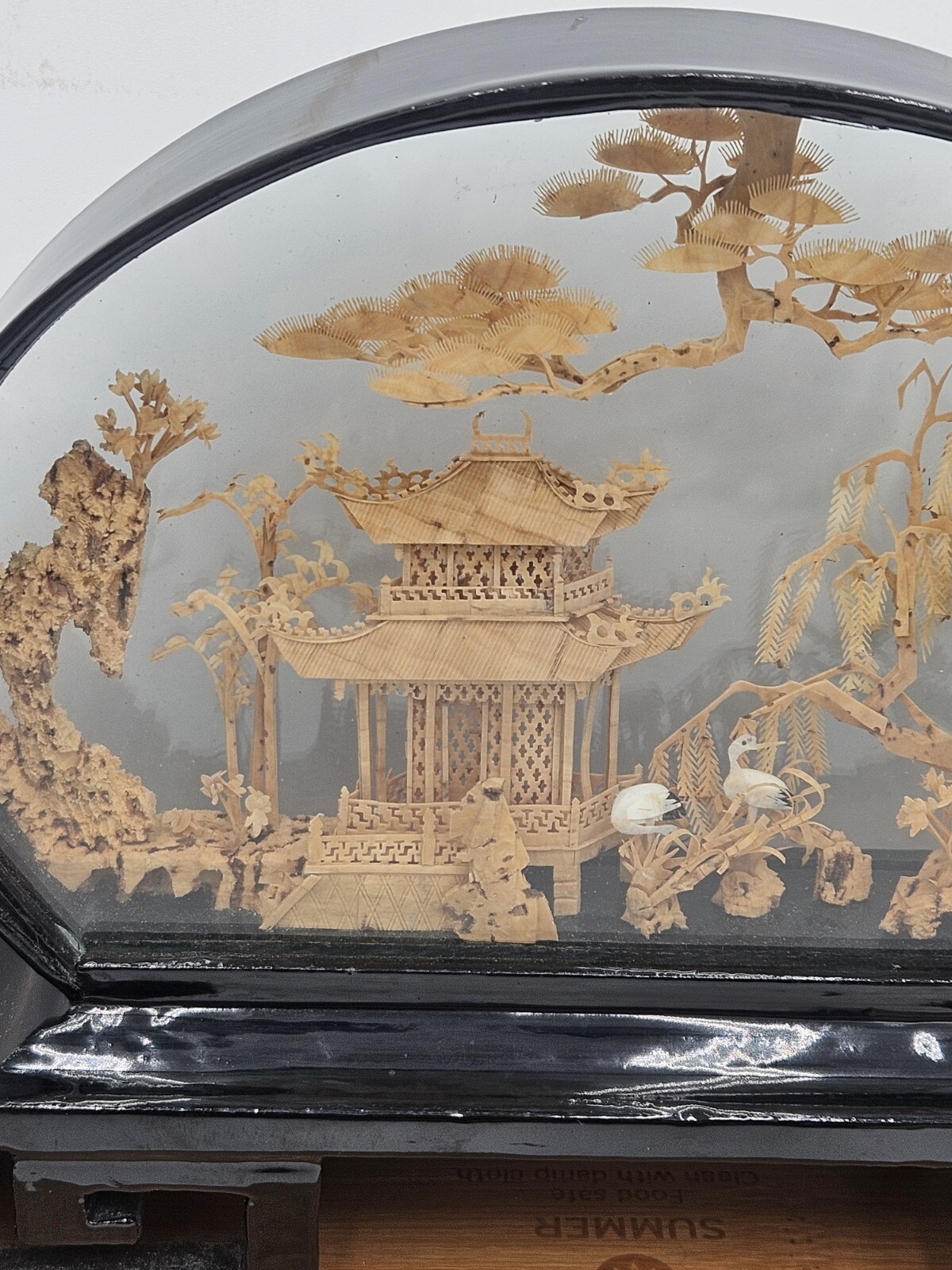 Vtg San Diorama Cork HandCarved W/ Pagoda Trees & Cranes In Glass Case