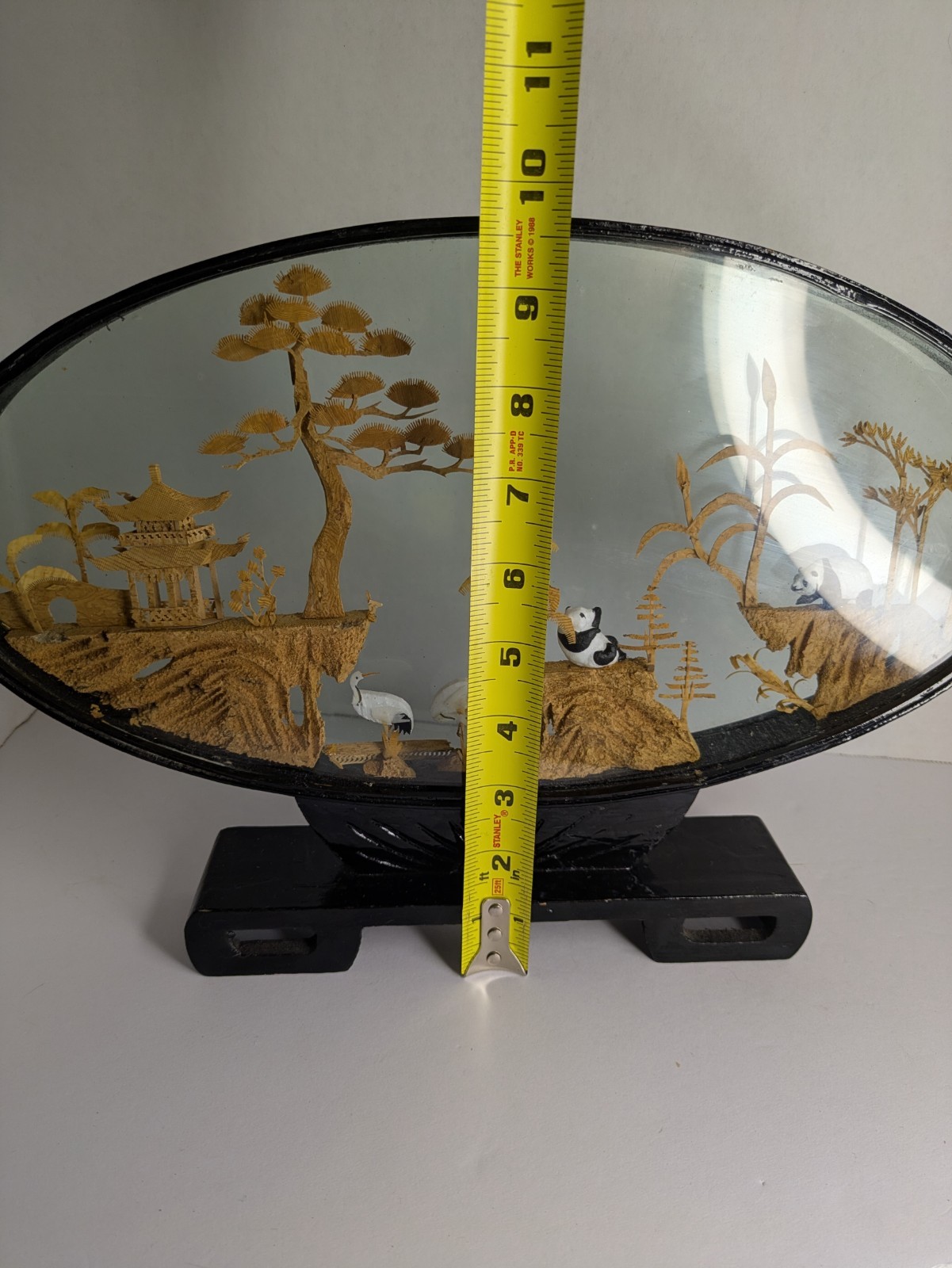 Vintage Chinese Cork Carving Diorama Encased Hand Carved Wood Pagoda Panda Bears