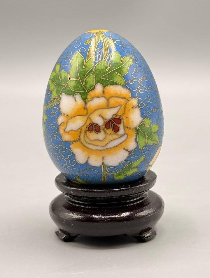 Vintage Chinese Cloisonné Enamel Egg Floral Blue w/ Stand 3″