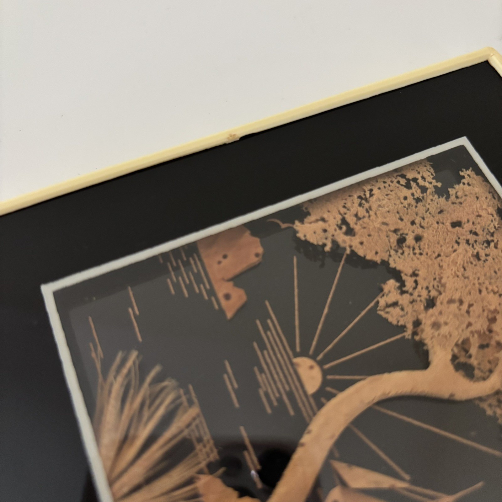 MCM Vintage Asian Diorama Cork Art Tree Boat Sunset 3D Framed 5 x 5″