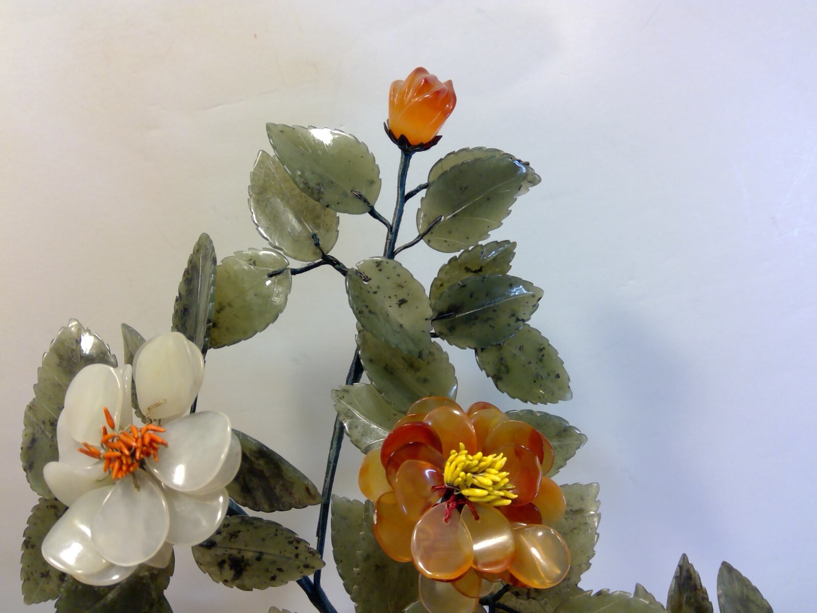 Vintage Chines Cloisonne Pot Bonsai Tree Craved Stone Flowers & Leaves 11″ Tall