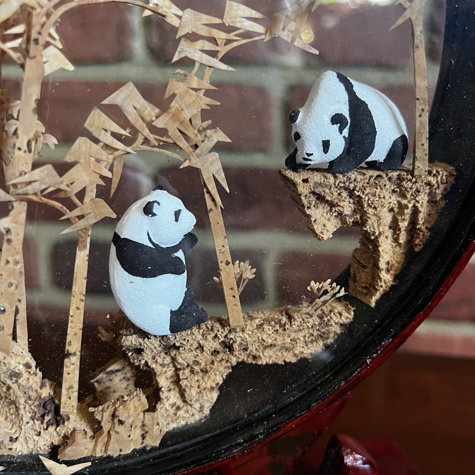 Vintage Carved Corkwood Diorama Pandas Chinese 12”x9.5” Frame Stand Panda Bears