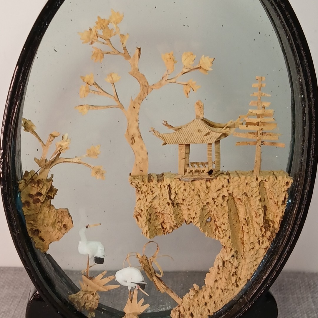 Vintage Chinese Cork Art Pagoda City Trees Cranes Glass Display Oval