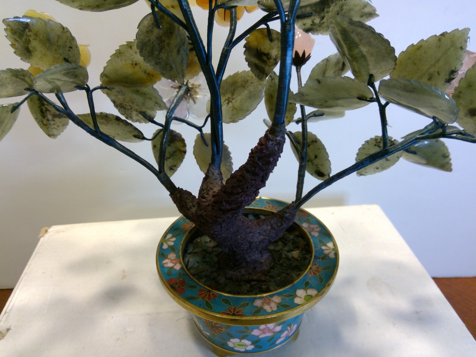 Vintage Chines Cloisonne Pot Bonsai Tree Craved Stone Flowers & Leaves 11″ Tall