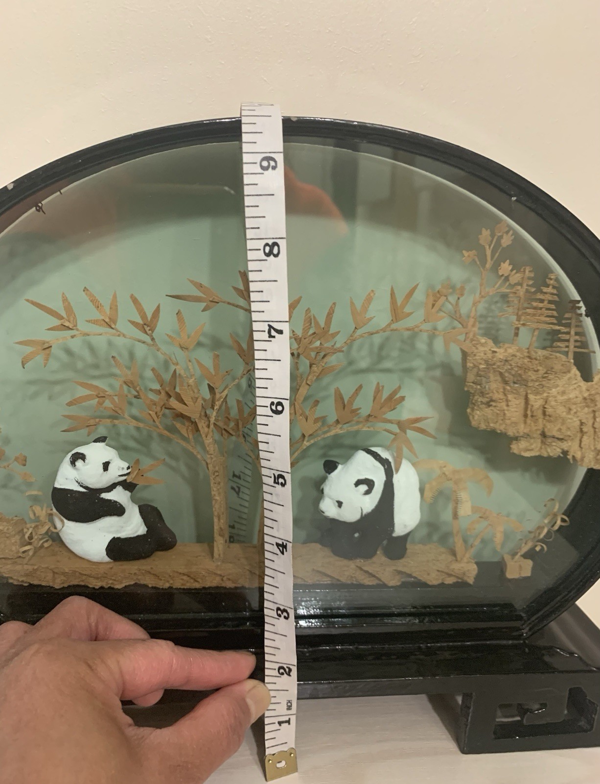 Panda Bear Vintage Collectible San You cork carve Art 3D Diorama in glass frame