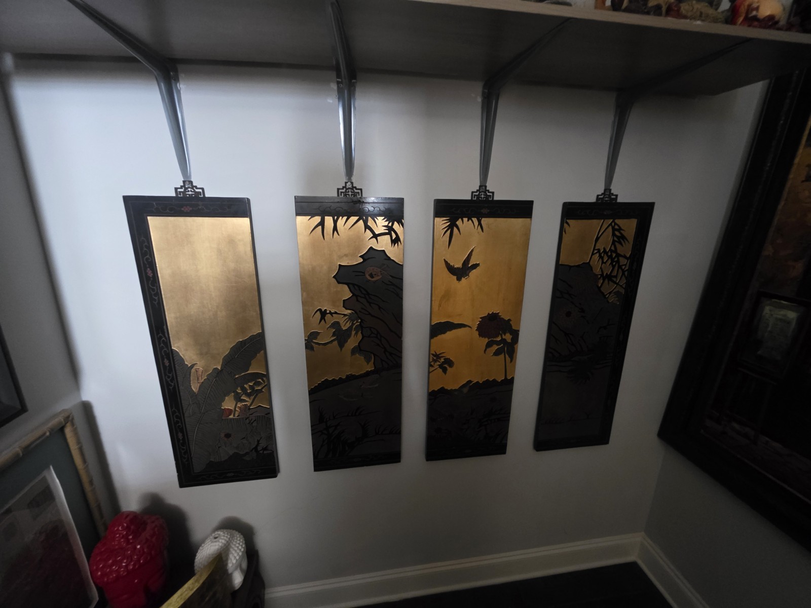 Chinese Black Lacquer Gold Gilt Wall Panels Set of 4 Four Seasons 12×36