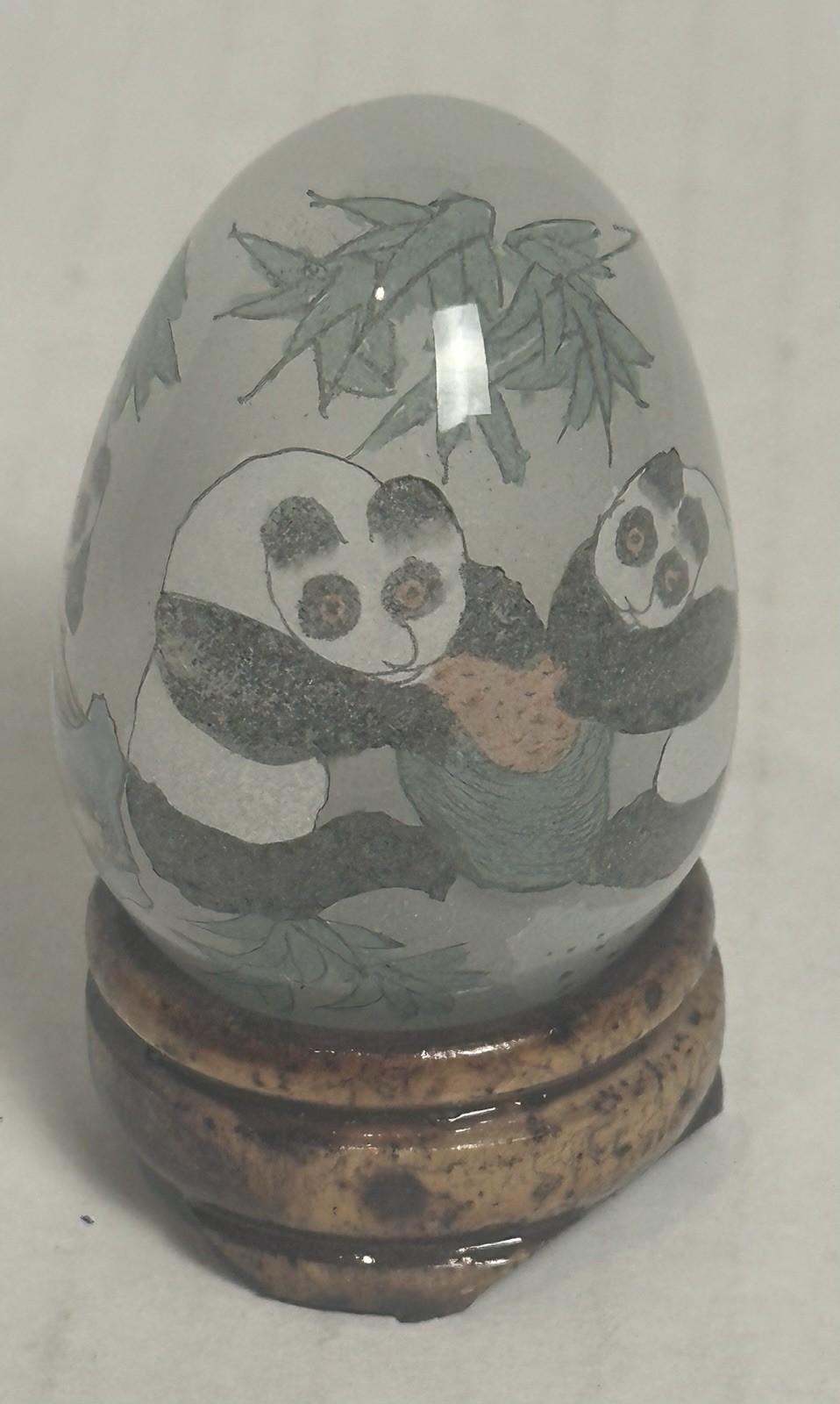 Asian Panda Bears Mini Hand Painted Solid Glass Egg