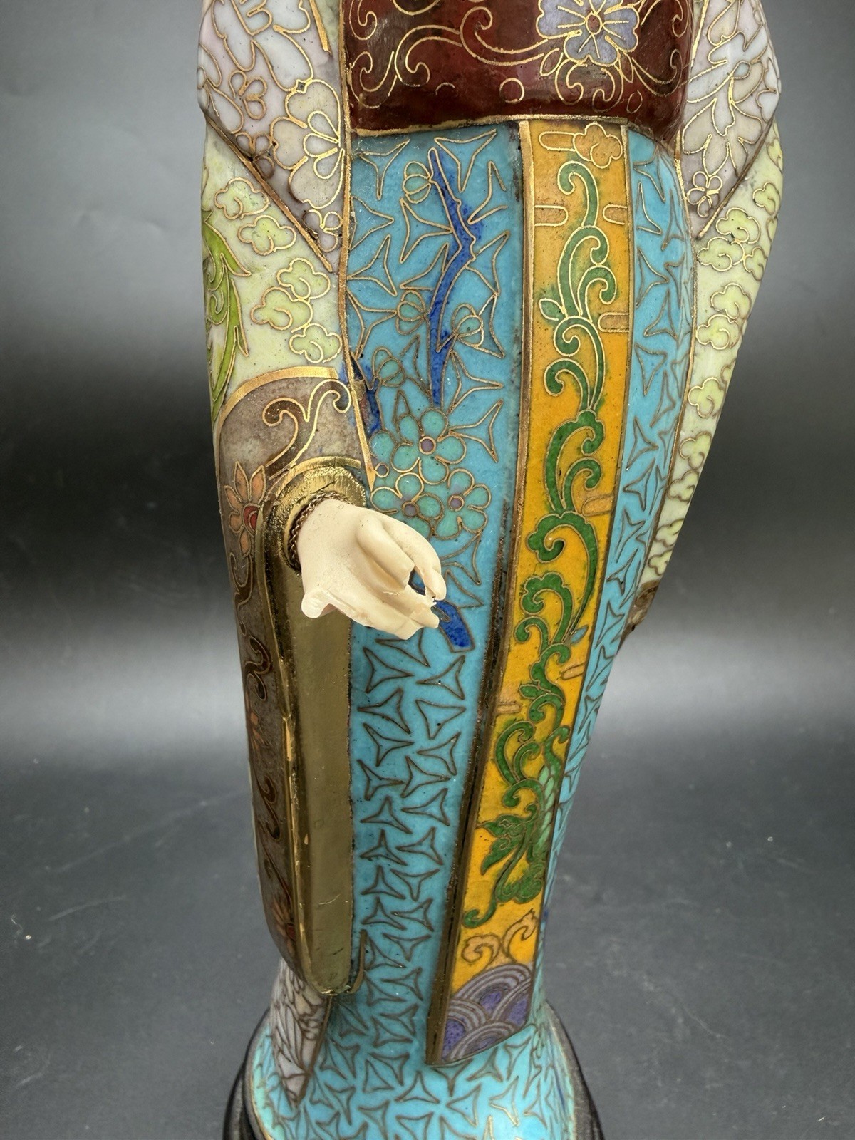 Gorgeous VTG Traditional Cloisonne Lady Figure Brass Enamel On Wood Base 13.5”