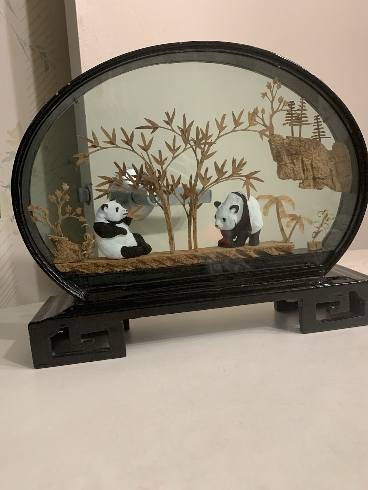 Panda Bear Vintage Collectible San You cork carve Art 3D Diorama in glass frame