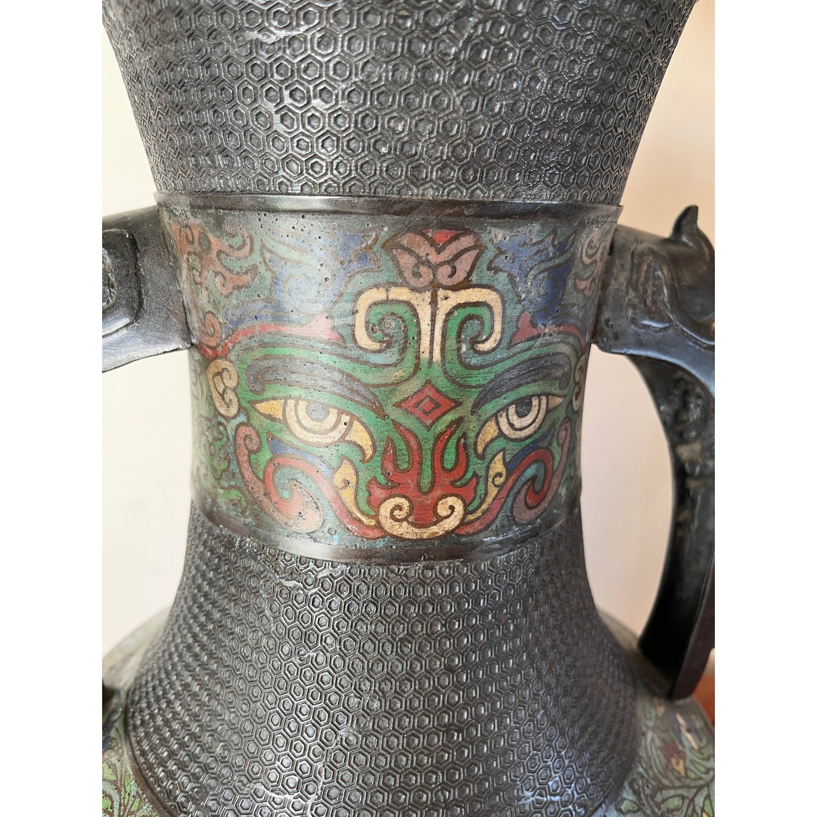 Large 42″ Chinese Cloisonné & Bronze Taotie Hu Vase Table Lamp