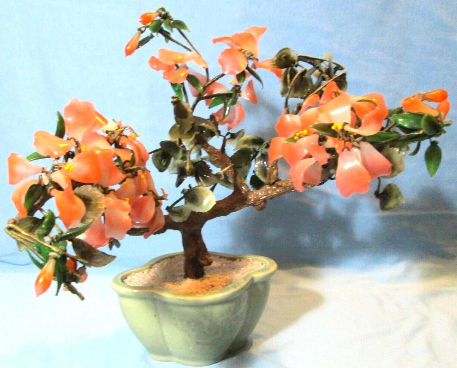 Antique JADE & AGATE Bonsai Tree ~ Asian Flowers in Celadon Pot LARGE 14″ tc