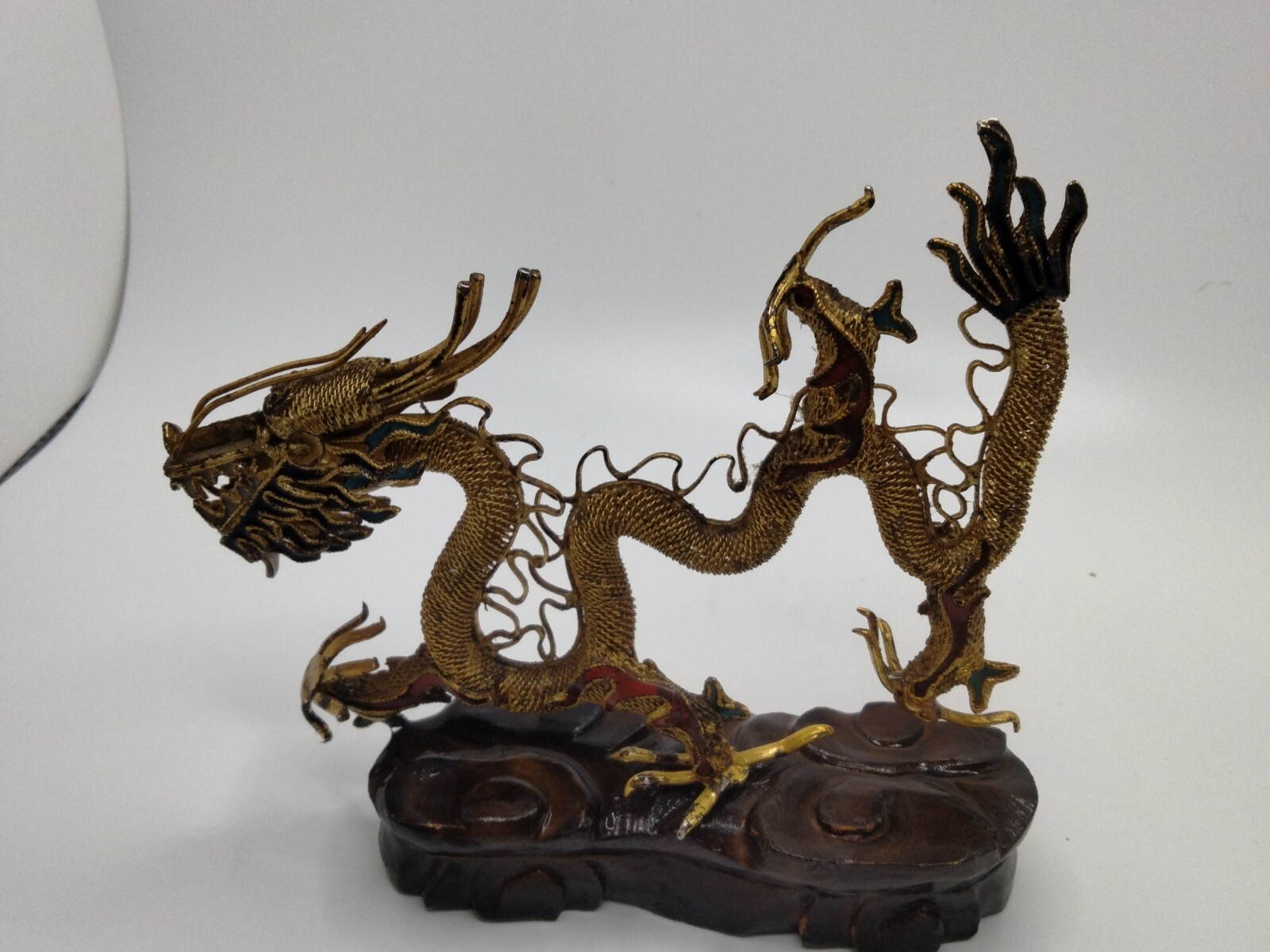 Chinese Brass Figurine Dragon on Wooden Stand 4.5″ x 4.5″ Green, Red, and Gold