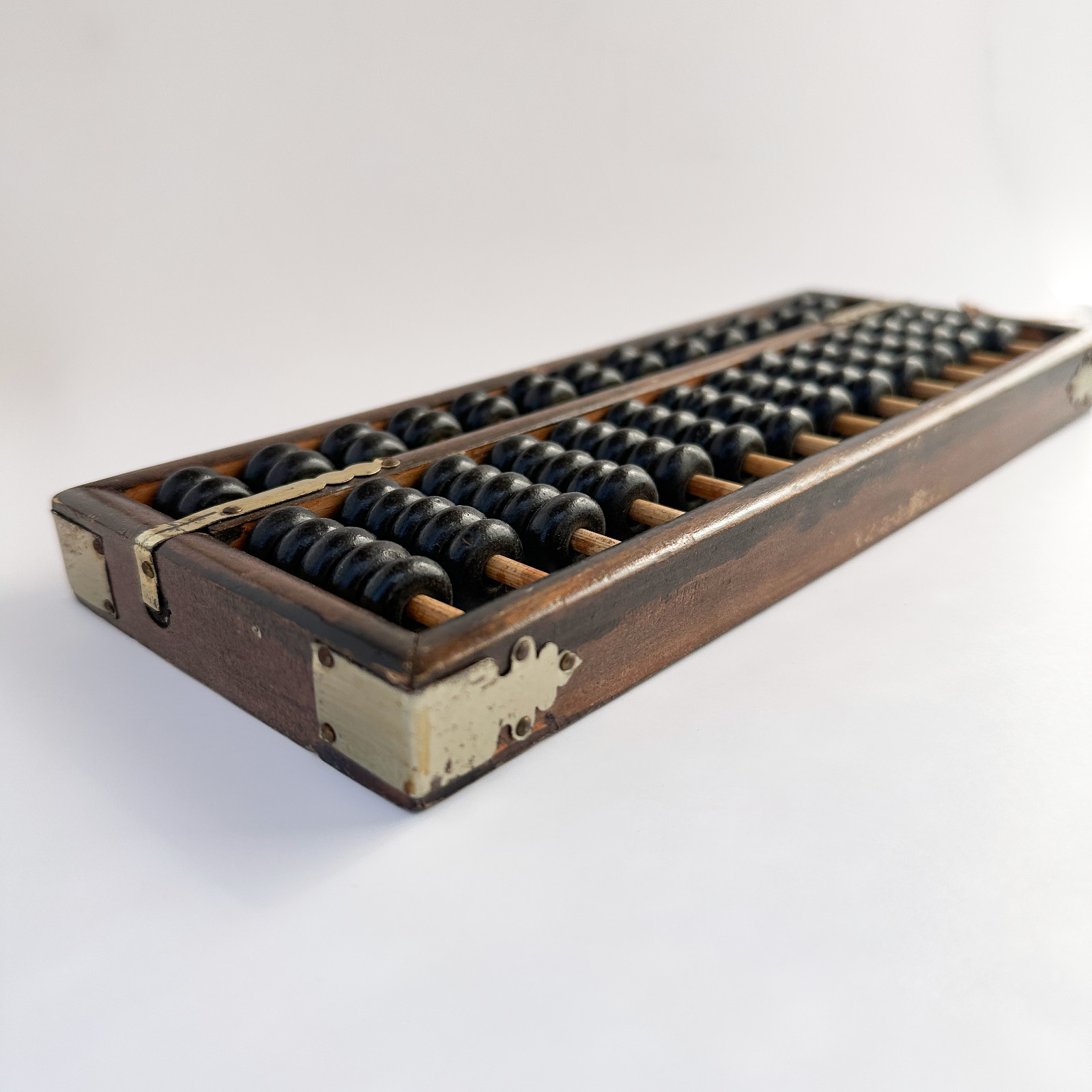 Vintage Chinese Wooden Abacus – 13 Rod Suanpan Calculator – Brass Corners