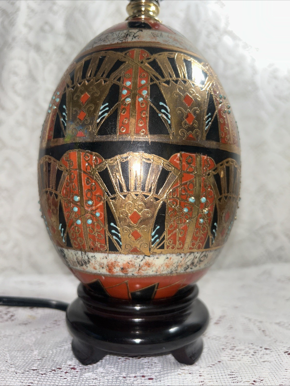 Vintage Chinese Cloisonné Ceramic Hand Painted Egg Lamps With Wood Stand