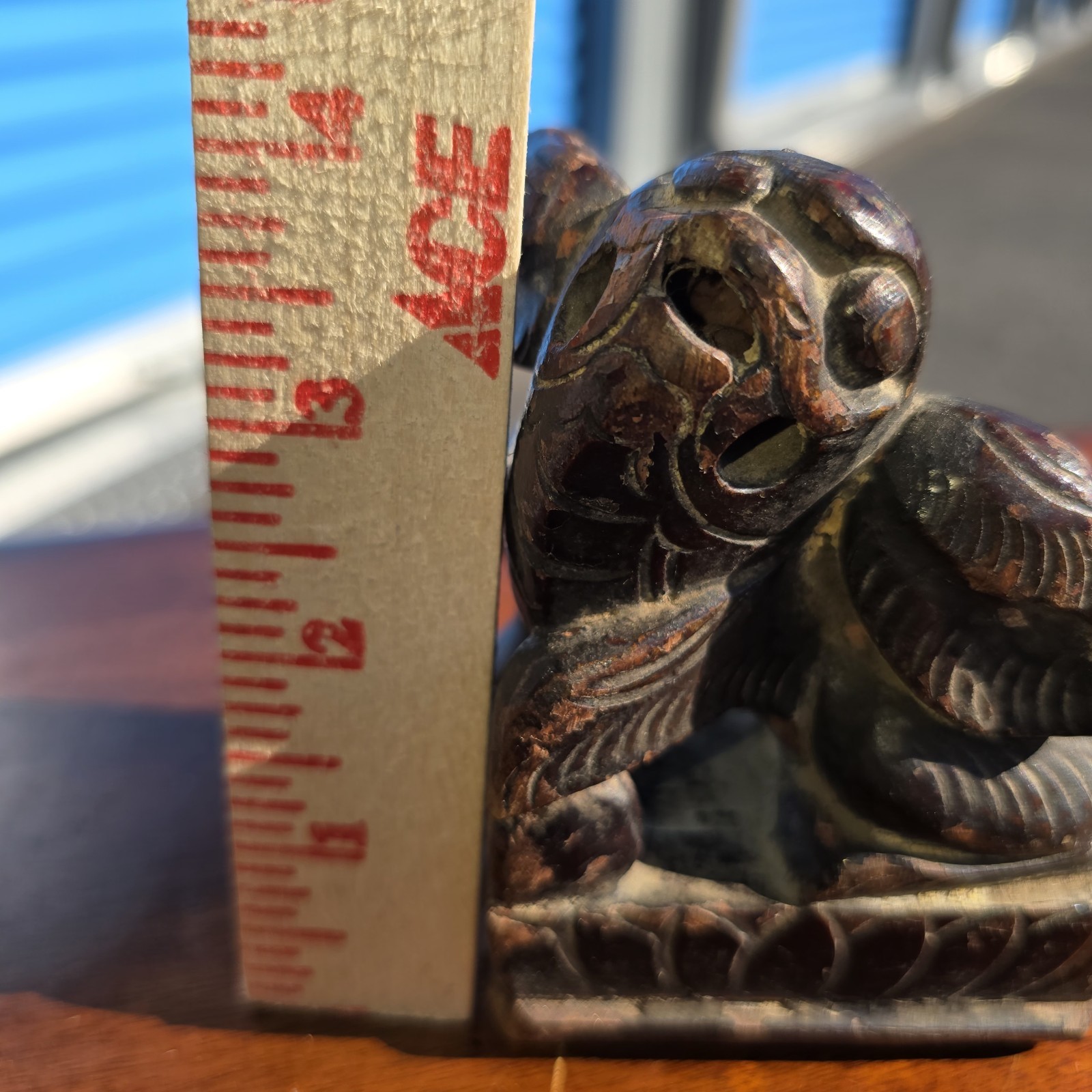 Pair of Vintage Chinese Carved Wood Foo Dogs Guardian Lions Statues Bookends 7″