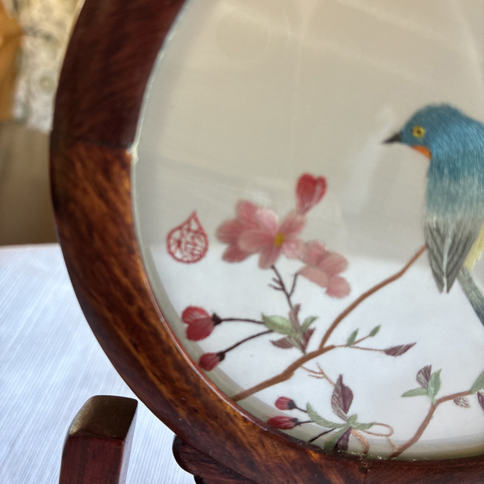VNTG Chinese Silk Double Sided Embroidery Songbird Round Table Screen Wood/4.5”