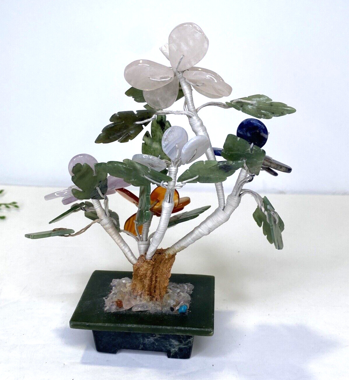 Vintage Bangkok Thailand Natural Polished Stone Flower Tree Jade Amber Blue