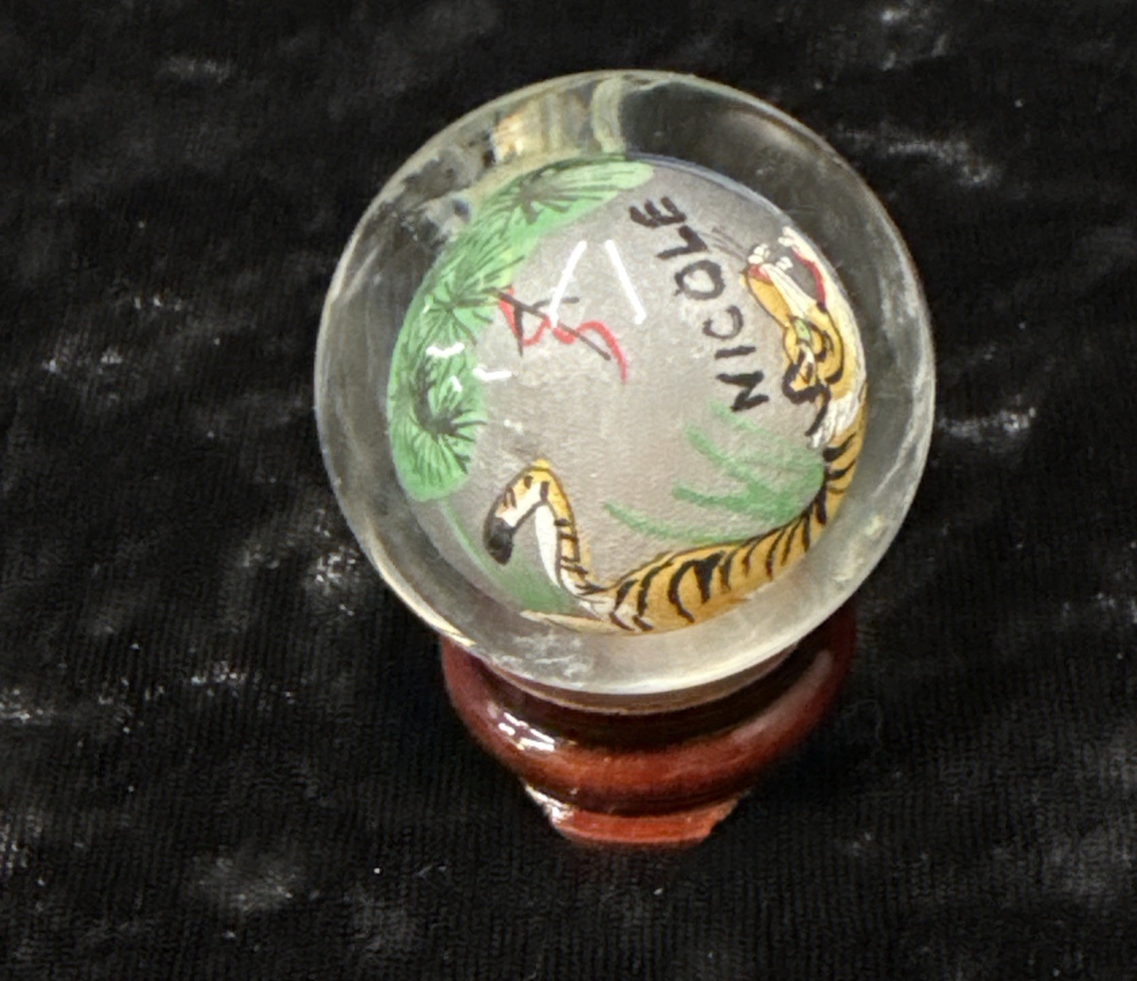 Chinese reverse painted Glass Ball Sphere Orb Tiger w/Stand 1 3/4″ x 1 1/2″