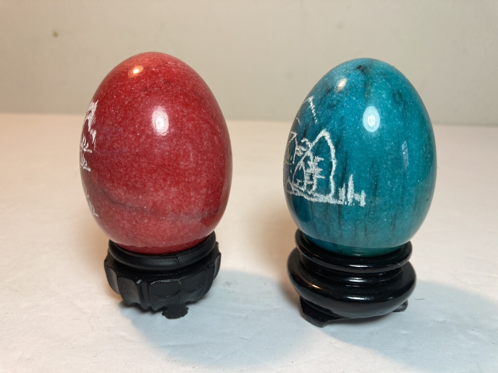 2 Vintage Chinese Hand Etched Painted Marble Stone Egg Monk Stand 2.5”