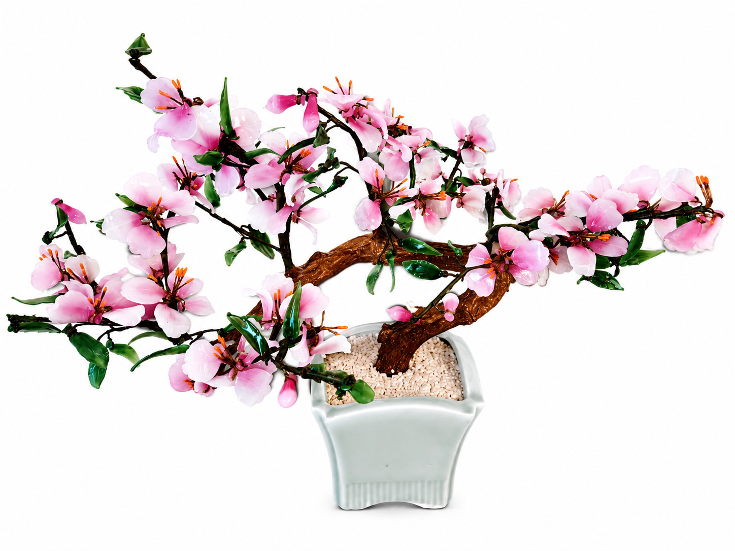 Vintage Cherry Blossom Bonsai Tree with Jade-Like Leaves & Glass Flowers in Asia