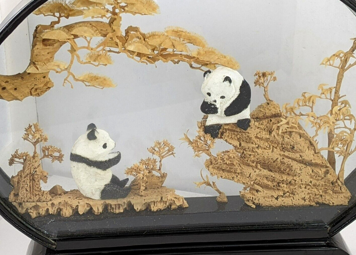 Chinese Oval Diorama Panda Bears Hand Carved Cork Trees Scene Lacquered Frame