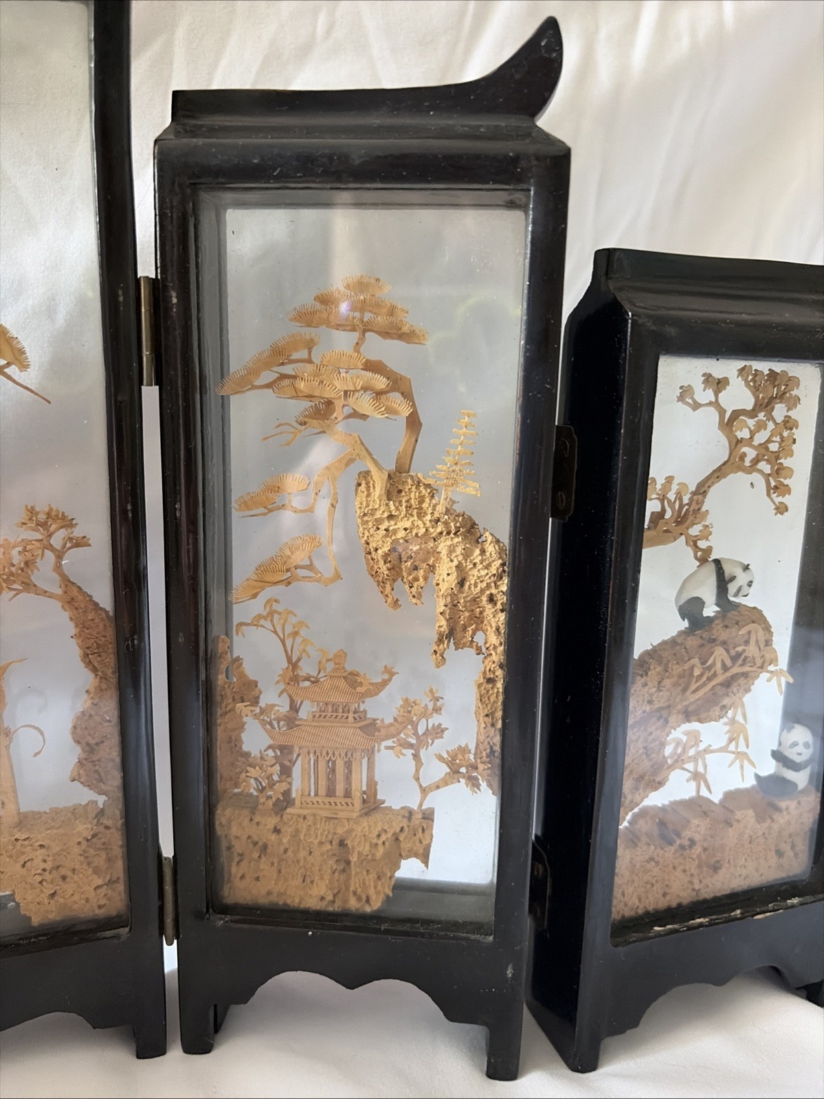 Chinese Carved Cork Nature Scenes 5 Panel Pandas Ducks Cranes Pagodas