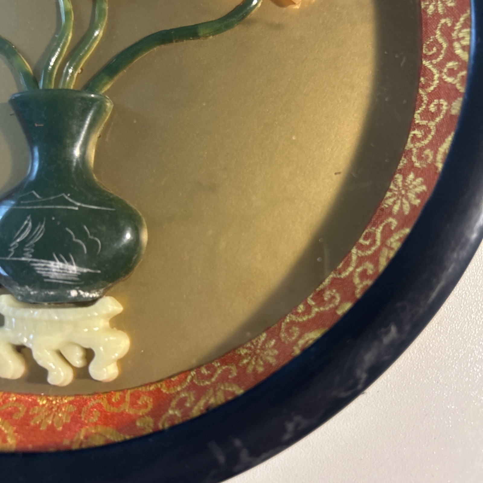 Vintage Oriental Chinese Asian Wall Art Framed Shadow Box Carved Faux Jade Coral